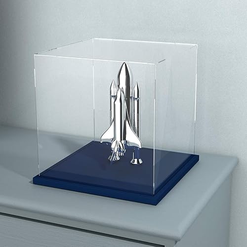 Vitrina con base de terciopelo azul, caja de exhibición simple de acrílico transparente con tapa, caja cúbica de 6.0 pulgadas para colecciones,