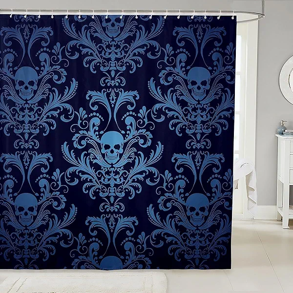 Adults Teal Damask Shower Curtain Antique Victorian Baroque Bath Curtain 72" Wx78 L,Vintage Floral Exotic Sugar Skull Waterproof Bathroom Curtains,Gothic Bone Skeleton Bohemian Decor,Blue