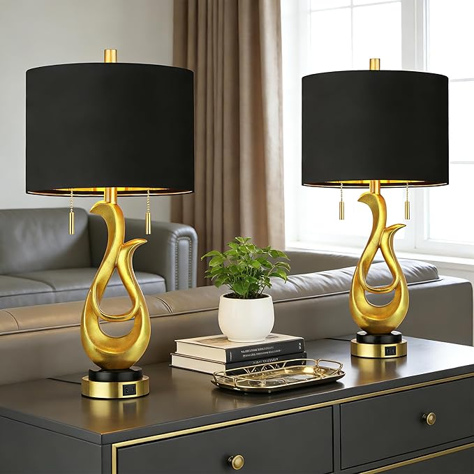 Lámpara de Mesa Moderna Oro Negro con Puertos USB miniatura 8