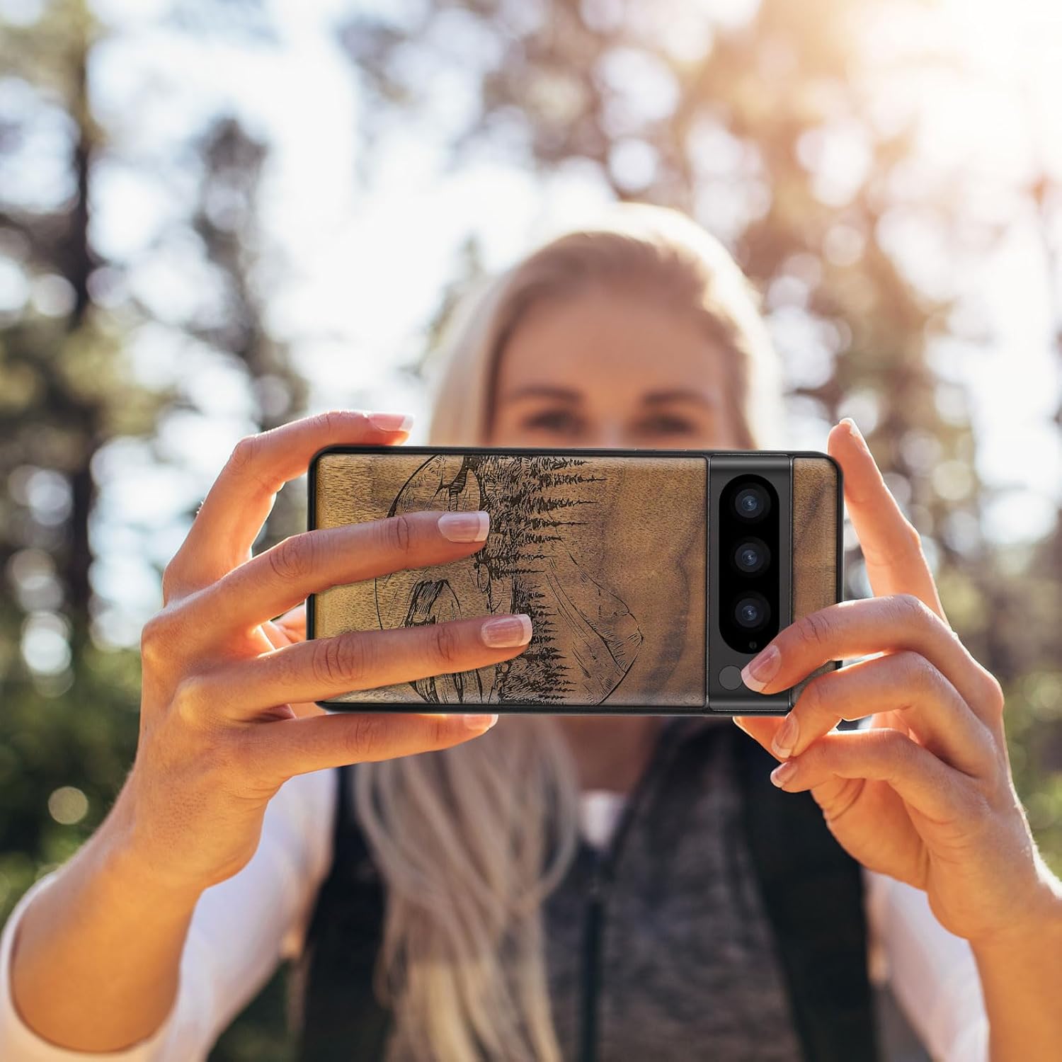 Carveit Wood Case for Pixel 8 Pro Case [Natural Wood & Black Soft TPU] Shockproof Protective Unique Wooden Cover Compatible with Google Pixel 8 Pro (Lake and Mountain-Walnut)