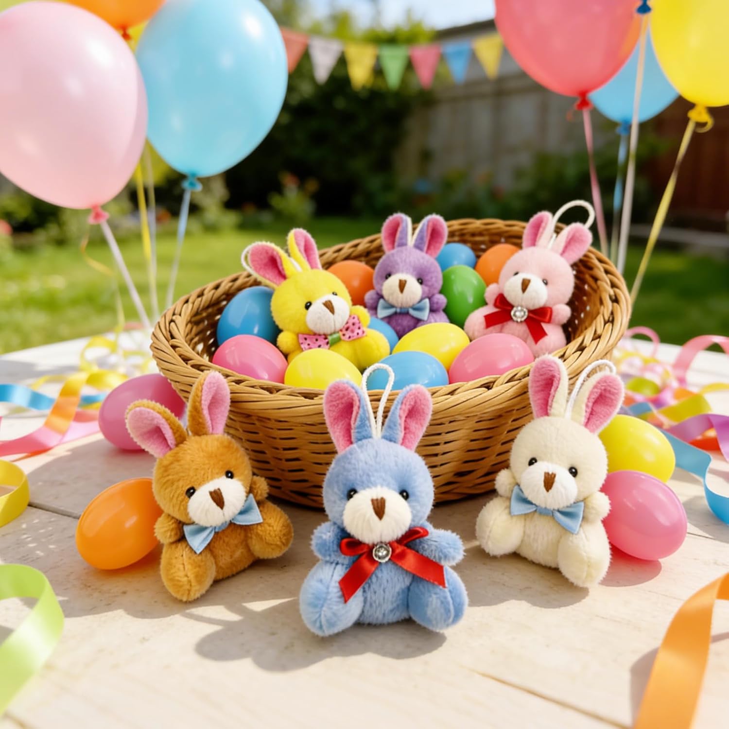 Abakuku 12 Pcs Prefilled Easter Eggs Plush Toy, 2.35in Bright Colorful Eggs Prefilled with Variety Plush Bunnies Easter Basket Stuffers Party Favors Gift Bags