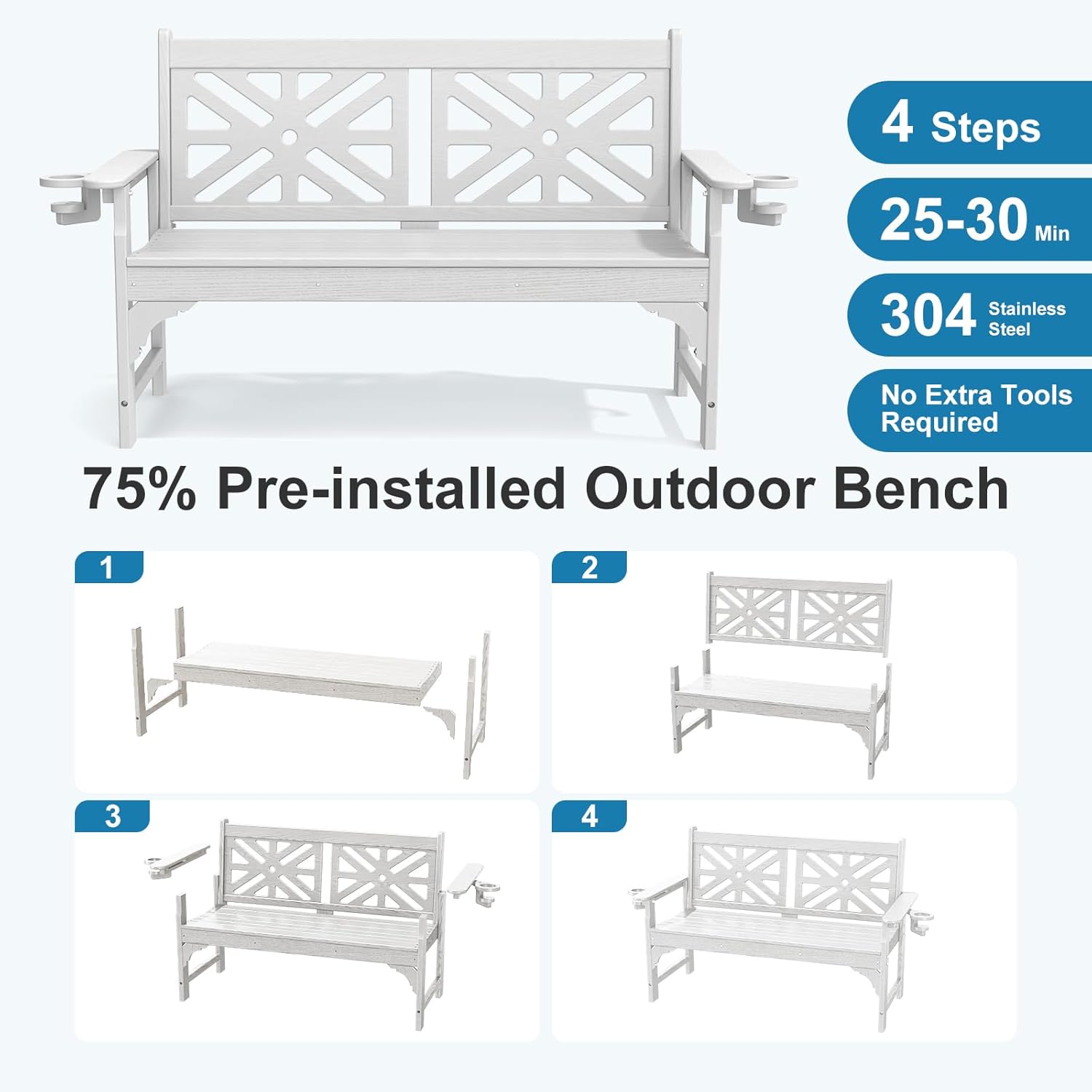 Oversized Outdoor Bench with Cup Holders, 51.5” HDPE Aesthetic Garden Bench for 2 Person, Memorial Benches - Easy Assembly & All Weather, for Porch & Patio, 800lbs Load Capacity (White, 1pc)