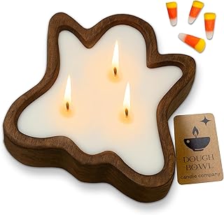 Dough Bowl Candle Co. Ghost Candles - 7x7x2in Halloween Candles, Wooden Fall Candle Decorations with Candy Corn Scent, Cute Fall Room Decor, 100% Soy Wax, Autumn Aesthetic with 35h Burn Time