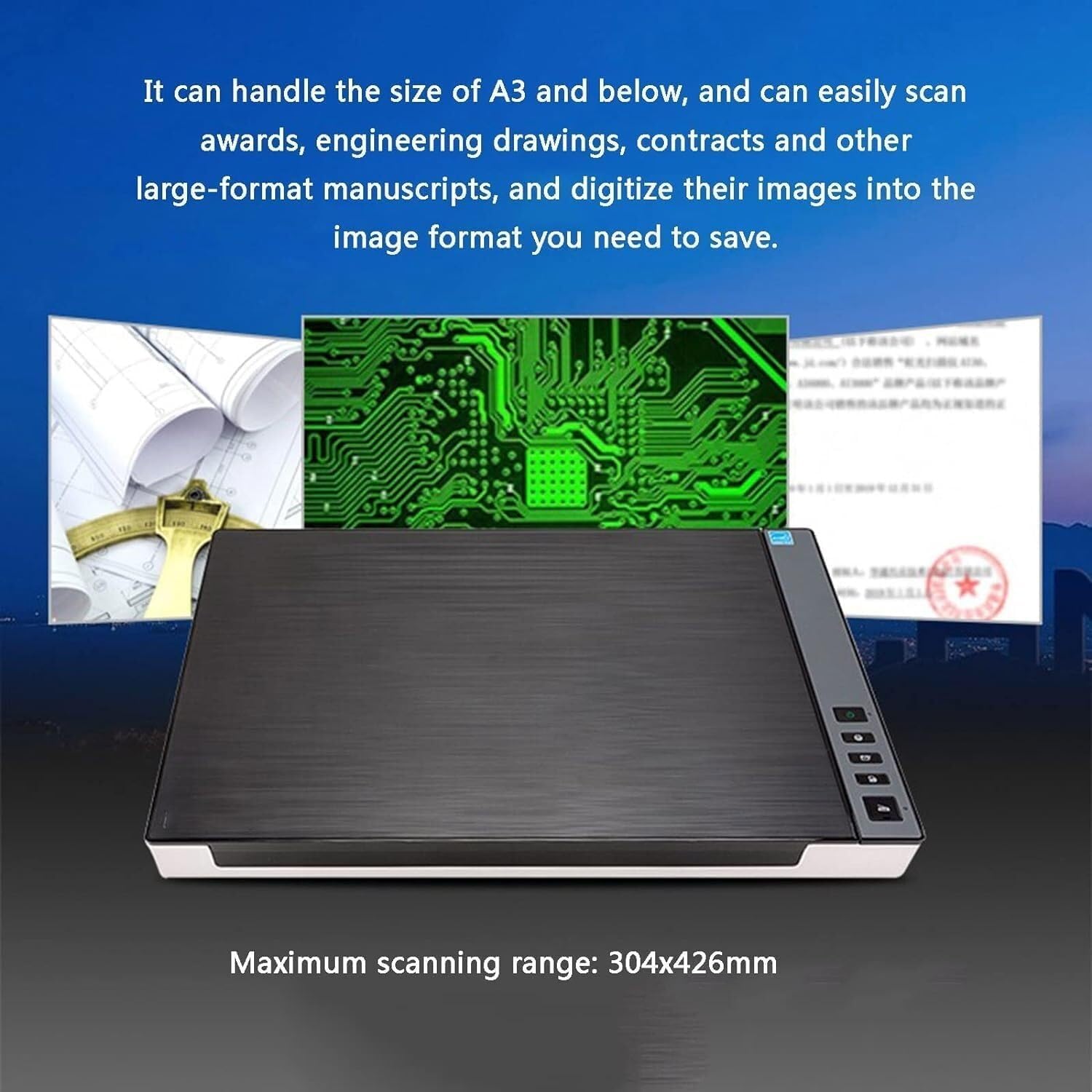 High Speed Flatbed Scanner, A3 Large Format Color Photo and Document Scanner, 1200 Dpi Optical Resolution, 8 Seconds Fast scan Speed