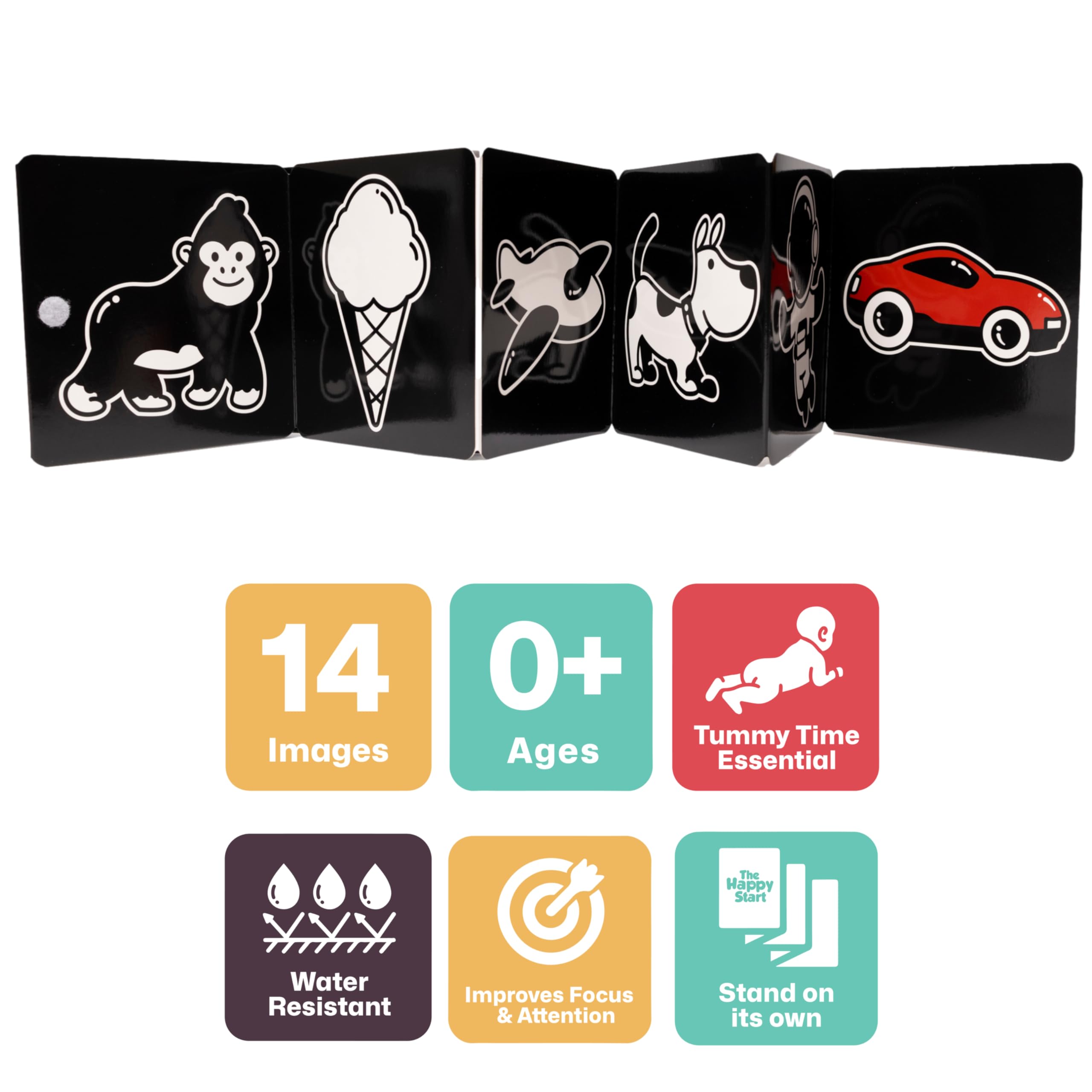 The Happy Start™ - Libro infantil de alto contraste - Libro de mesa de alto contraste - Libro de mesa para niños - Juguetes para niños de alto contraste - Juguetes para el tiempo de