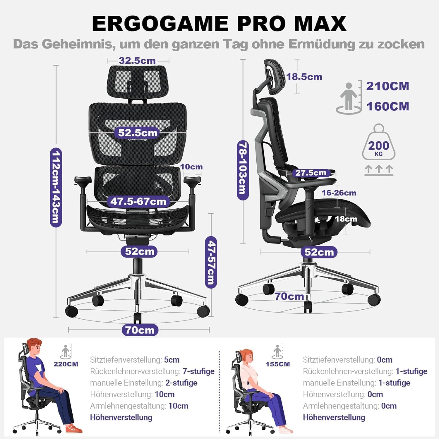 Detailed dimensions and adjustment ranges of the MELOKEA office chair