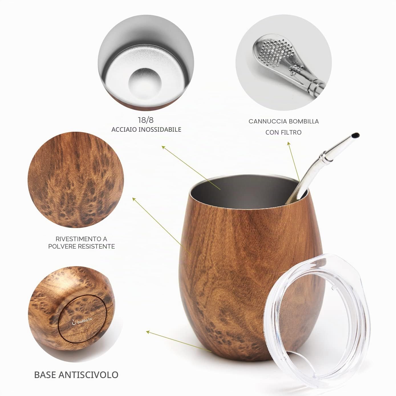 BALIBETOV Mate Argentino - Doppio Set Yerba Mate in Acciaio Inossidabile (5 pcs. Set) - Compreso 2 Tazza Mate, 2 Bombilla per Mate (Yerba Mate cannuccia) e Spazzola per la Pulizia (Legna)
