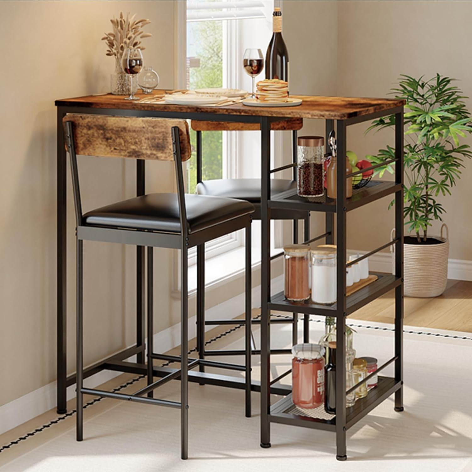 3-Piece Dining Table Set with Storage Shelves and 2 Upholstered Chairs, MDF & Iron Frame Small Kitchen Table for Apartment, Studio