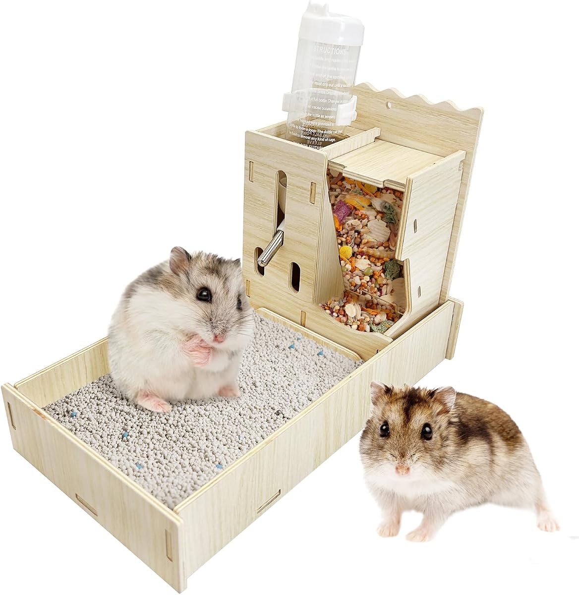 Hamiledyi Dispensador de comedero de madera 3 en 1 para hámster colgante, tazón de comida para hámster enano y botella de agua con caja de arena extraíble, comedero para animales pequeños para hámsteres, ratones, jerbos (11" x 5,7" x 7,5")