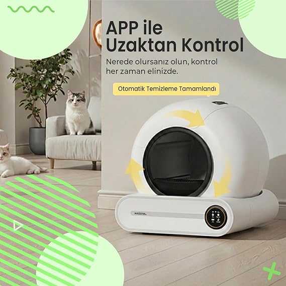 Haustier BF01 Akıllı Otomatik Kedi Tuvaleti, Uzaktan Kontrol, 65lt Hazne, 9lt Çöp haznesi-UV Kötü Koku Temizleme, Ağırlık sensörlü Beyaz + 45 Adet Çöp Torbası, Beyaz