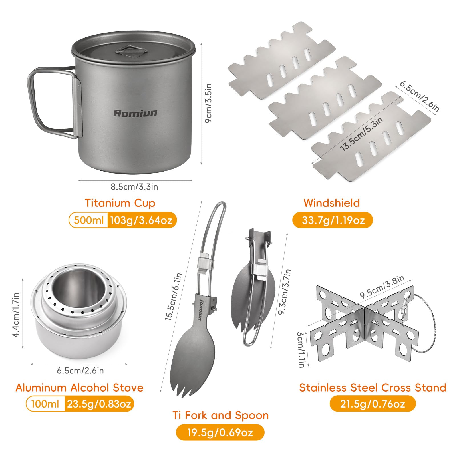 Taza De Titanio para Camping, 500ml Juego De Vasos De Camping con Parabrisas, Hornillo De Alcohol Y Soporte para Estufa para Senderismo