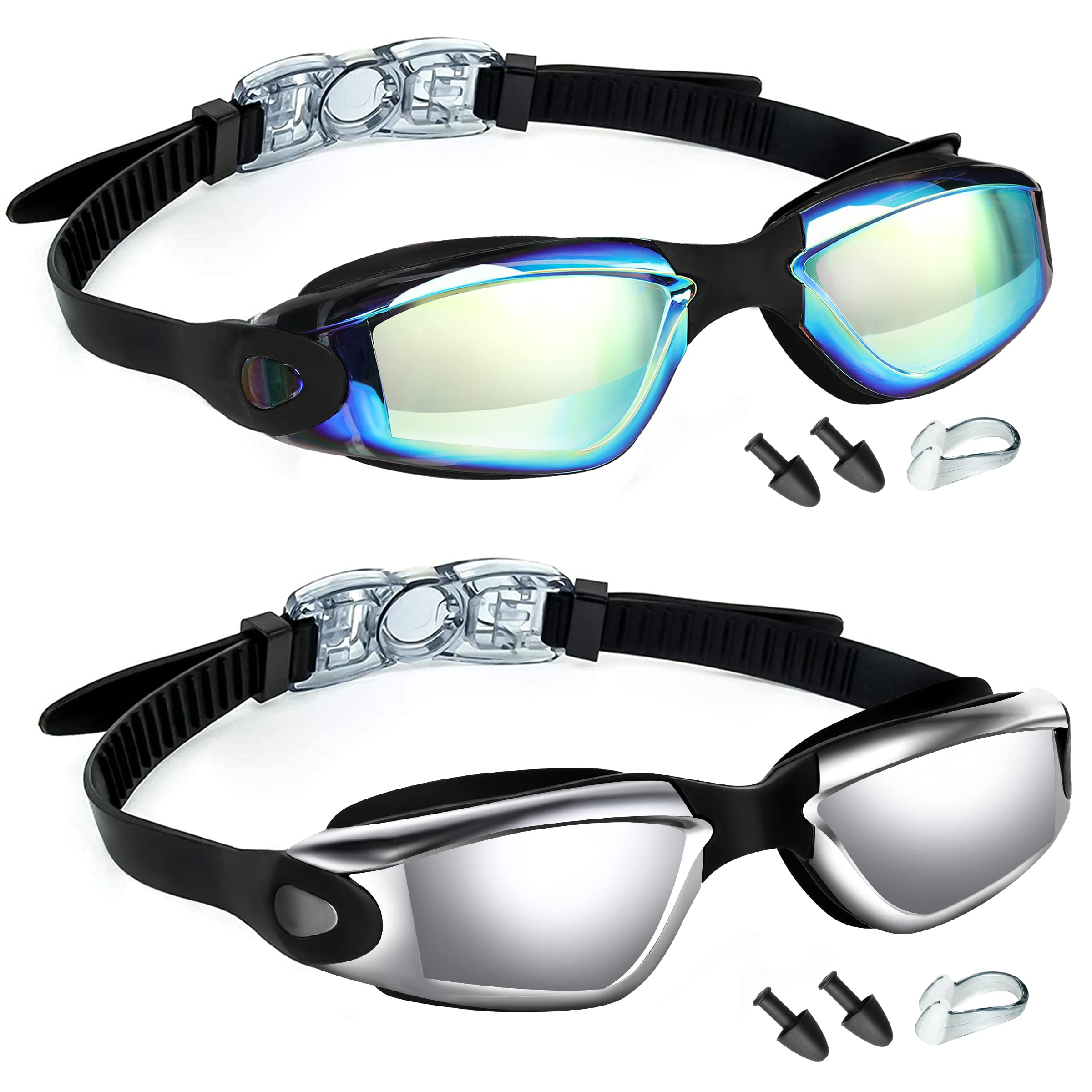 LOCONHA Okulary pływackie, 2 sztuki, bez zaparowania, bez wycieków, dla dorosłych, kobiet, mężczyzn, młodzieży (Aqua & Bright Silver)