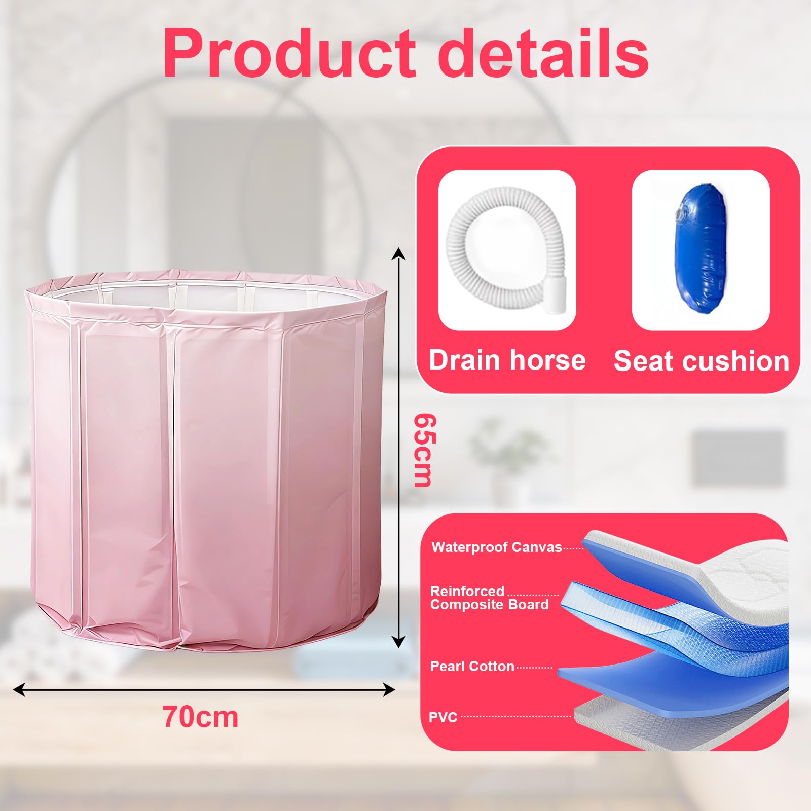 Faltbare Badewanne 70×65 cm für Erwachsene – Tragbare tiefe Badewanne für Warm- und Kaltwasser mit Ablaufschlauch und Sitzkissen, Platzsparende Faltbadewanne für kleines Bad (Rosa)