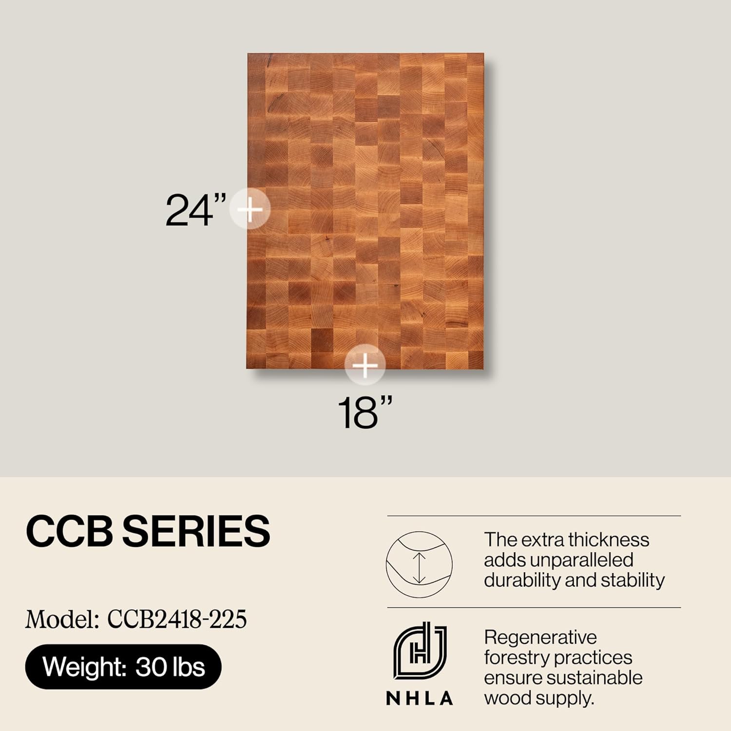 John Boos CCB Series Rectangular Wooden Maple Cutting Board 24”x18” – 2.25” Thick, 30-lb Reversible Butcher Block with End-Grain & Finger Grips – Made in the USA