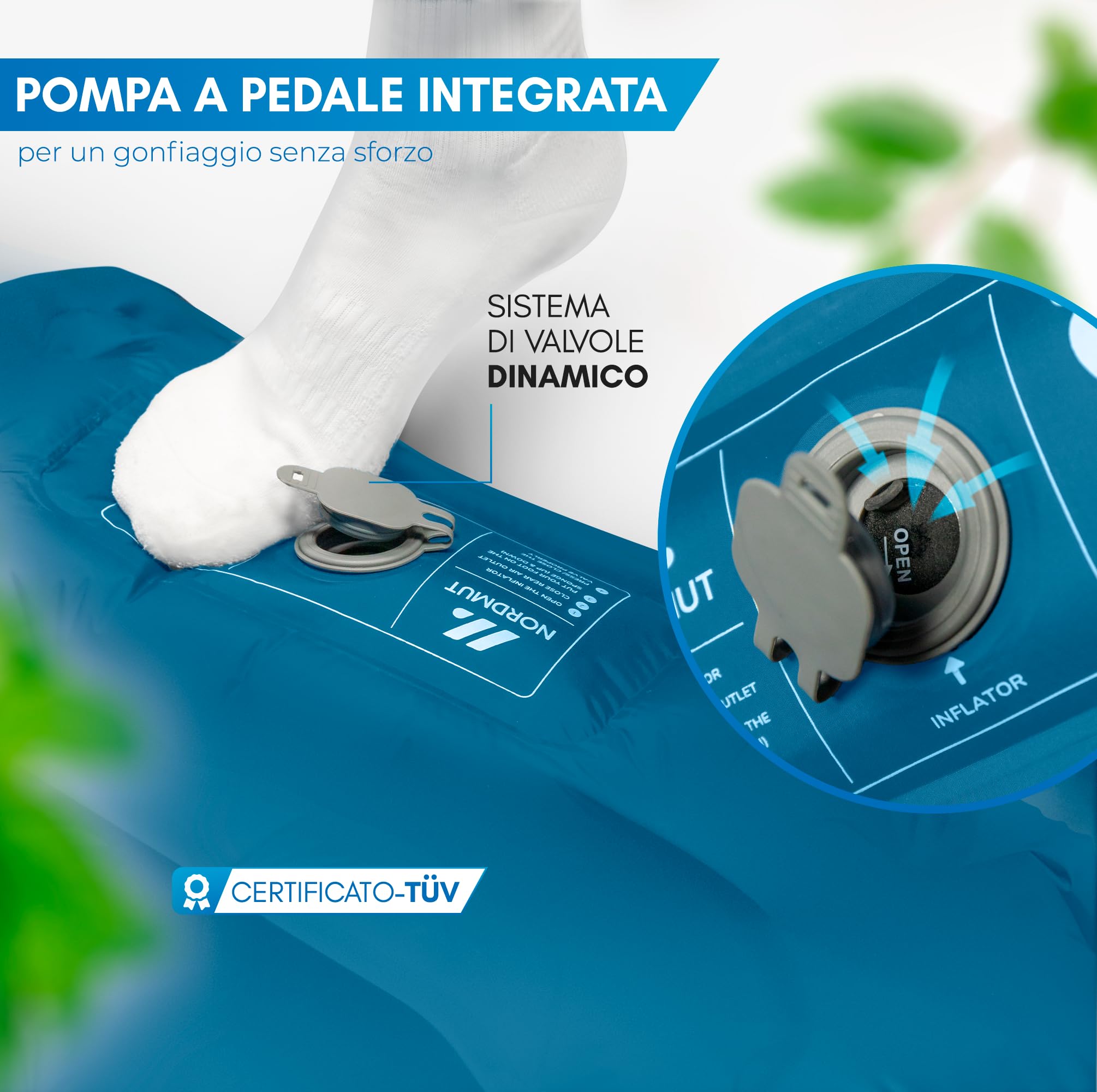 NORDMUT® Materassino da Campeggio Autogonfiante con Pompa a Pedale Integrata 10cm – Materassino Camping Compatto – Ultra Confortevole (Blu)