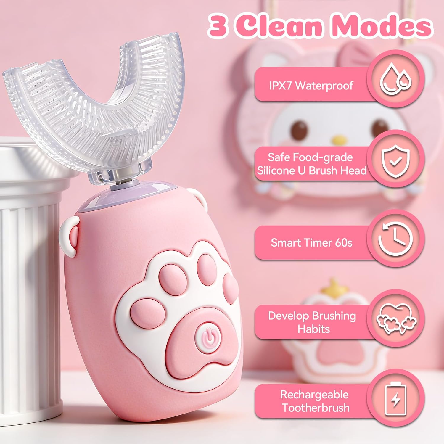 Kids U Shaped Electric Toothbrush for Age 2-12, Rechargeable Toddler Toothbrush with Smart Timer & 3 Clean Modes, Cat's Claw Design, IPX7 Waterproof, 3 Brush Heads & 360°Cleaning