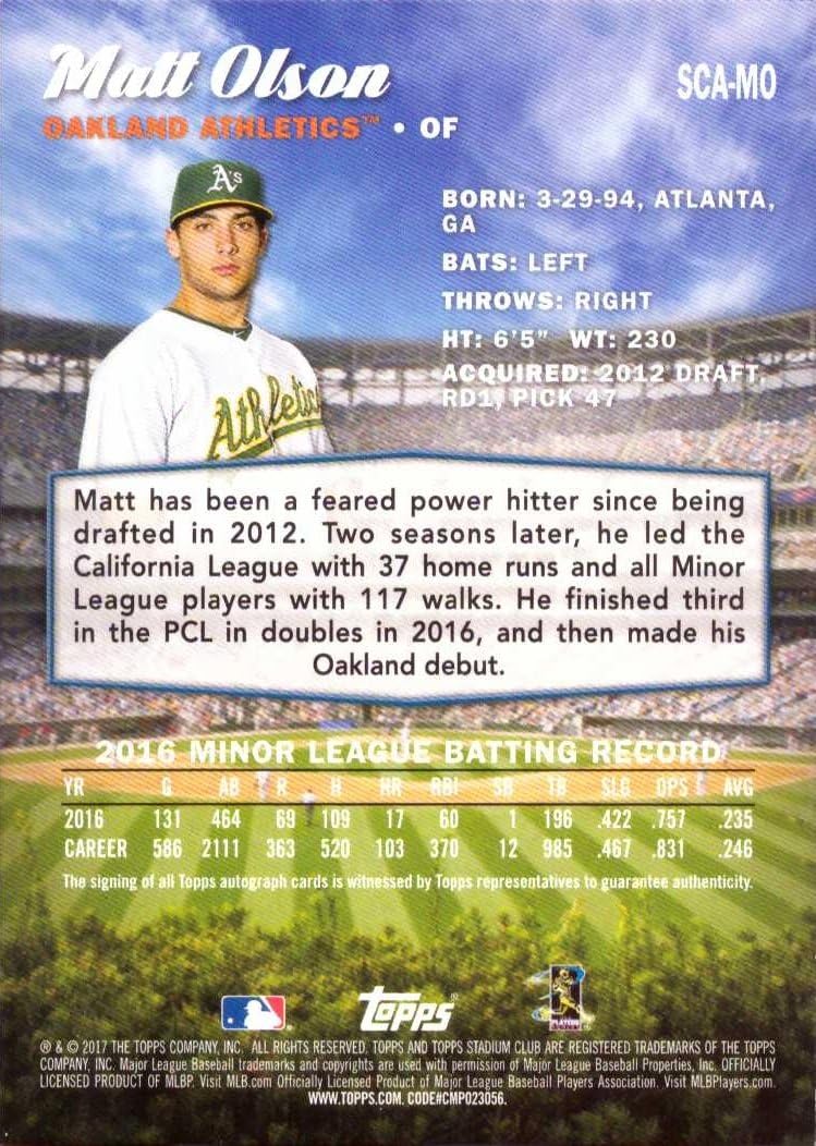 2017 Topps Stadium Club Baseball #SCA-MO Matt Olson Certified Autograph Baseball Rookie Card