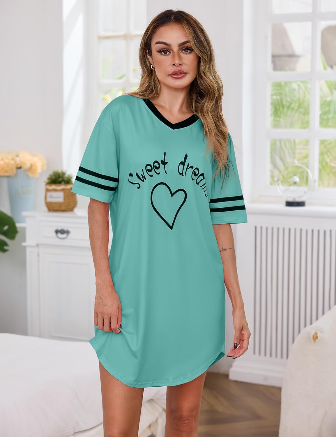Marvmys Women Short Sleeve Nightgowns Comfy V Neck Nightshirt Casual Lounge Dress Sleepwear - Image 5