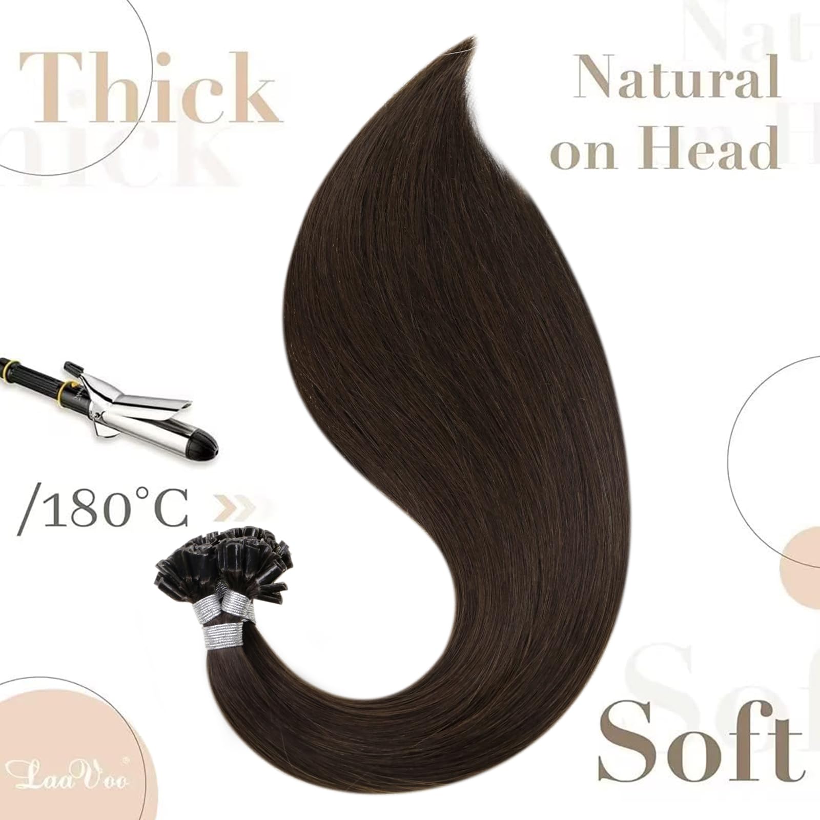 LaaVoo Human Hair Extensions U Tip Real Brown, Remy Straight Dark Brown Real Hair Extensions - Image 4