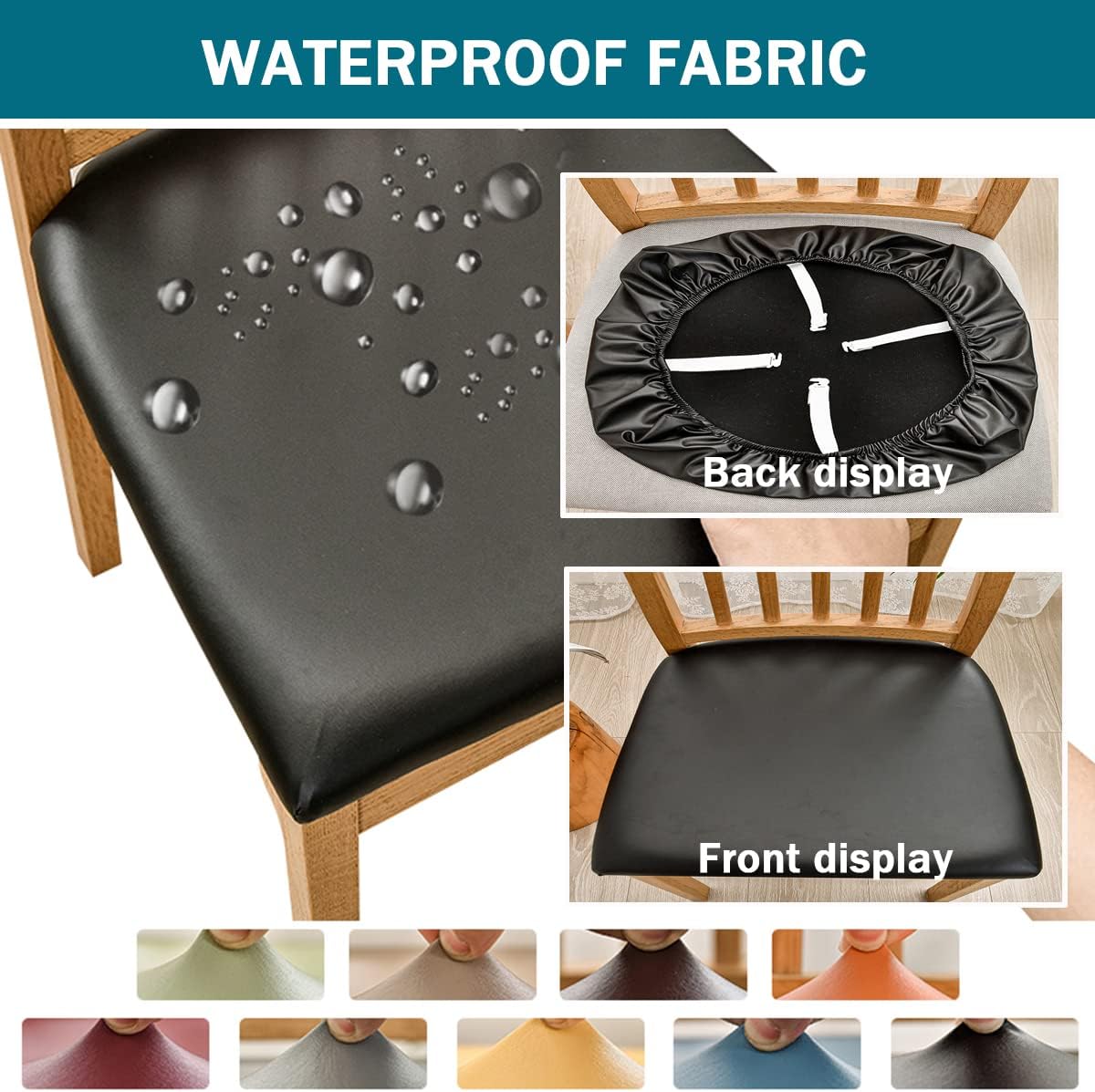 Chair Seat Covers Set of 2 4 6 8, Waterproof PU Fabric Seat Covers Stretch Chair Cushion Slipcovers for Hotel Banquet Dining Living Room -Light Grey-2 PCS