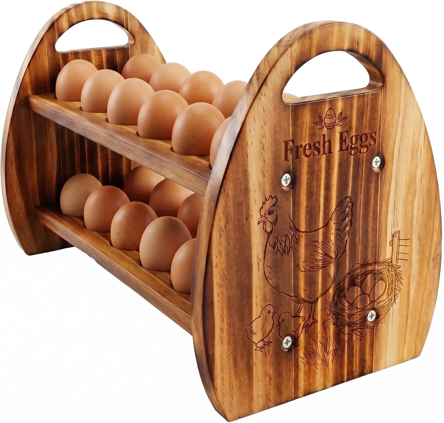 Wooden Egg Holder Countertop, 2-Tier & 24 Holes Rustic Egg Tray Storage