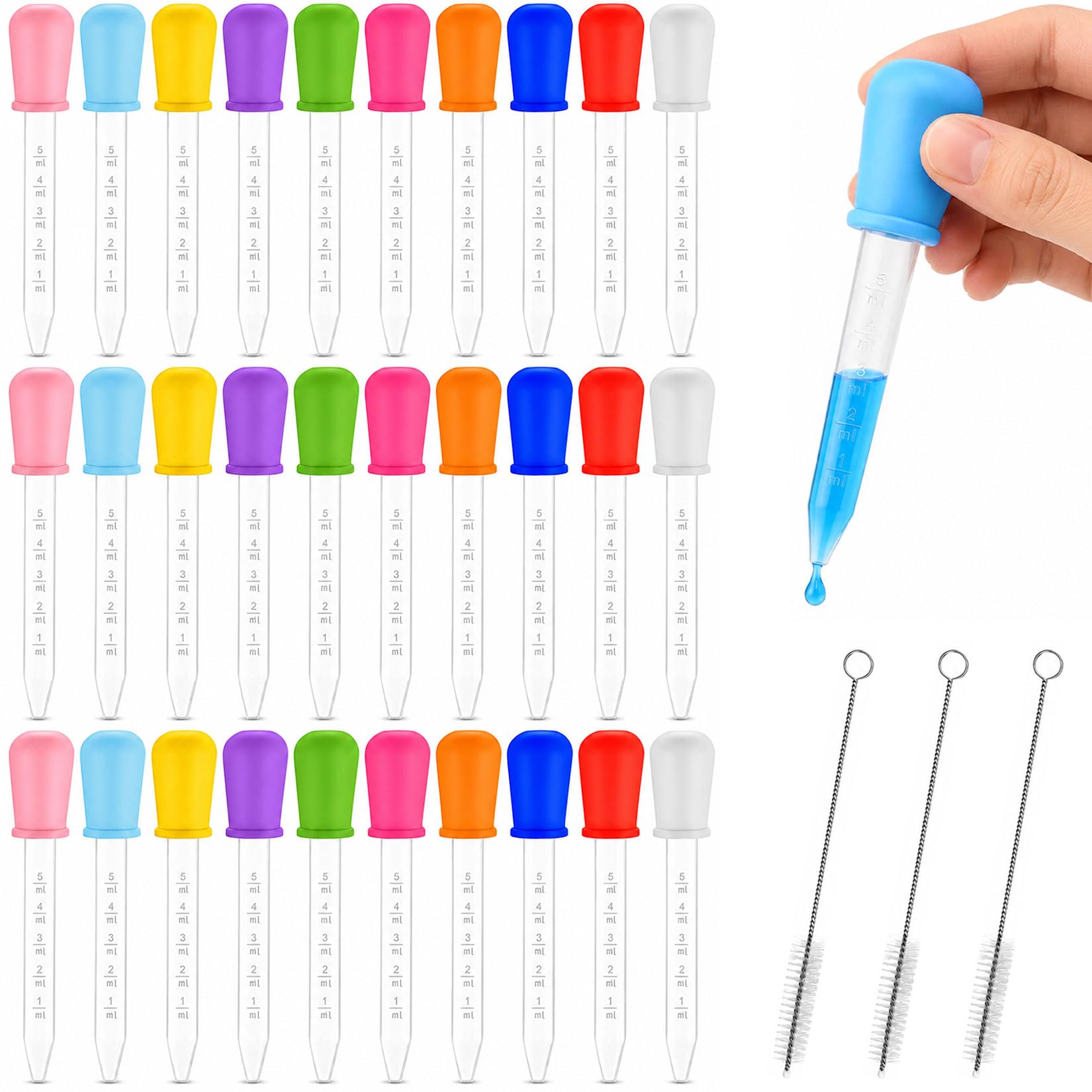 33er-Set Liquid Dropper, Plastik Pipetten Set mit 30 Pipette 5ml und 3 Reinigungsbürste Bunte Graduierte Silikon Pipetten Klein Tropfpipette Transparente für Gemälde Pflanze Süßigkeitenformen