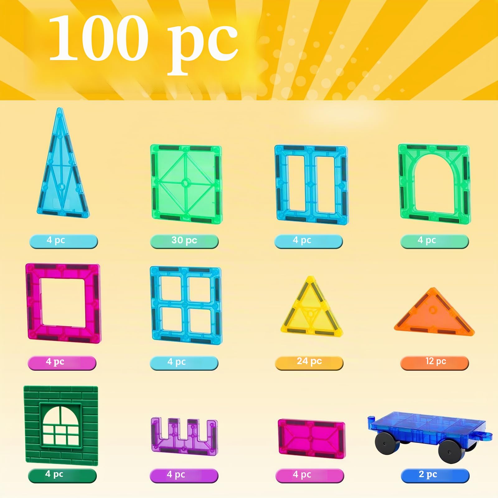FNJO Baldosas Magnéticas 100 Piezas + Coches, Set Construcción Magnética Juguete Stem, Regalo Educativo para Niños/Niñas 3-10 Años (Bloques Imanes Preescolar)