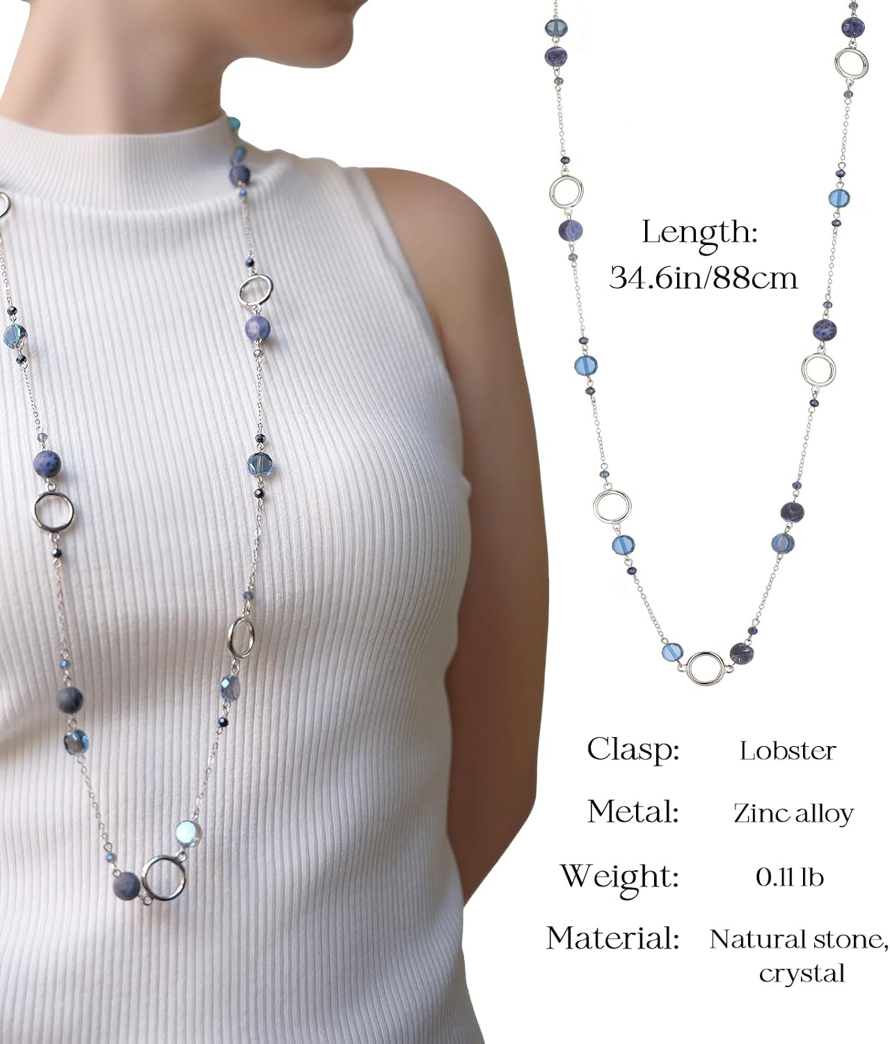 Silver Long Necklaces for Women Natural Stone Beaded Necklace Statement Costume Jewelry for Women Trendy Mothers Day Gifts