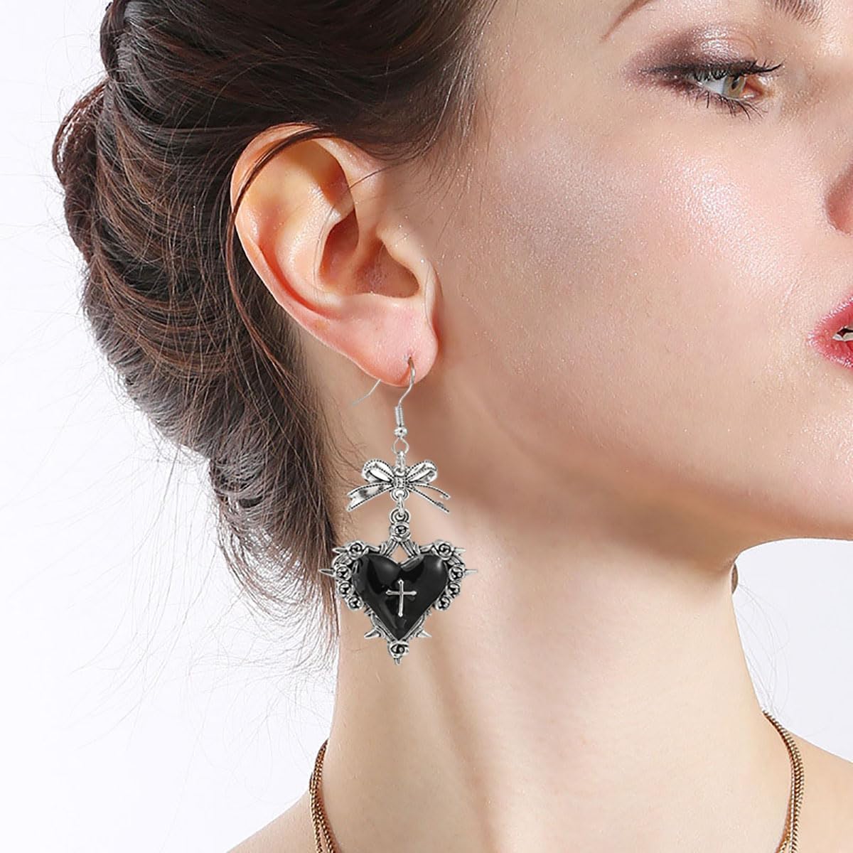 Gothic Heart Earrings for Women Red Black Purple Bow Heart Cross Earrings Dark Vampire Earring Vintage Punk Rock Style Earring Halloween Jewelr Mystic Witch Jewelry Accessories - Image 2