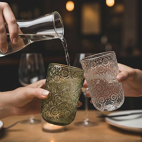 Miniatura 2 de Juego de 8 vasos vintage en relieve, 4 vasos altos de 14 onzas y 4 vasos de 9 onzas, Art Deco, para vino, agua, cóctel, jugo, whisky, regalo (verde)