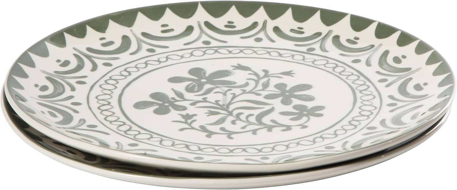 Bloomhouse - 2-Time Oprah’s Favorite Things - Valencia Flor 2 Piece 13” Serving Platter Set, Stoneware Platters, Mediterranean Floral Decal Design, Microwave & Dishwasher Safe, Fern Green