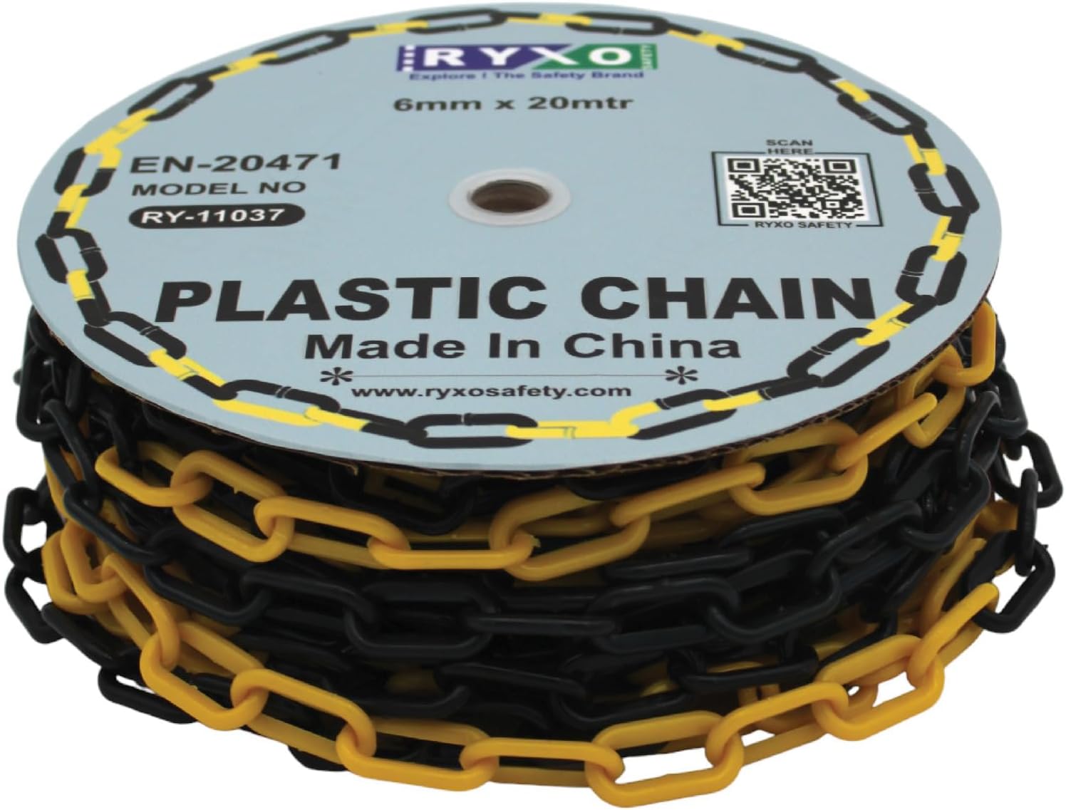 Safety Plastic Chain 6mm x 20 Meter |Yellow & Black|Heavy Duty HDPE Barrier Chain for Crowd Control, Parking, Construction & Safety Marking – For Indoor &Outdoor|RYXO SAFETY#RY-11037