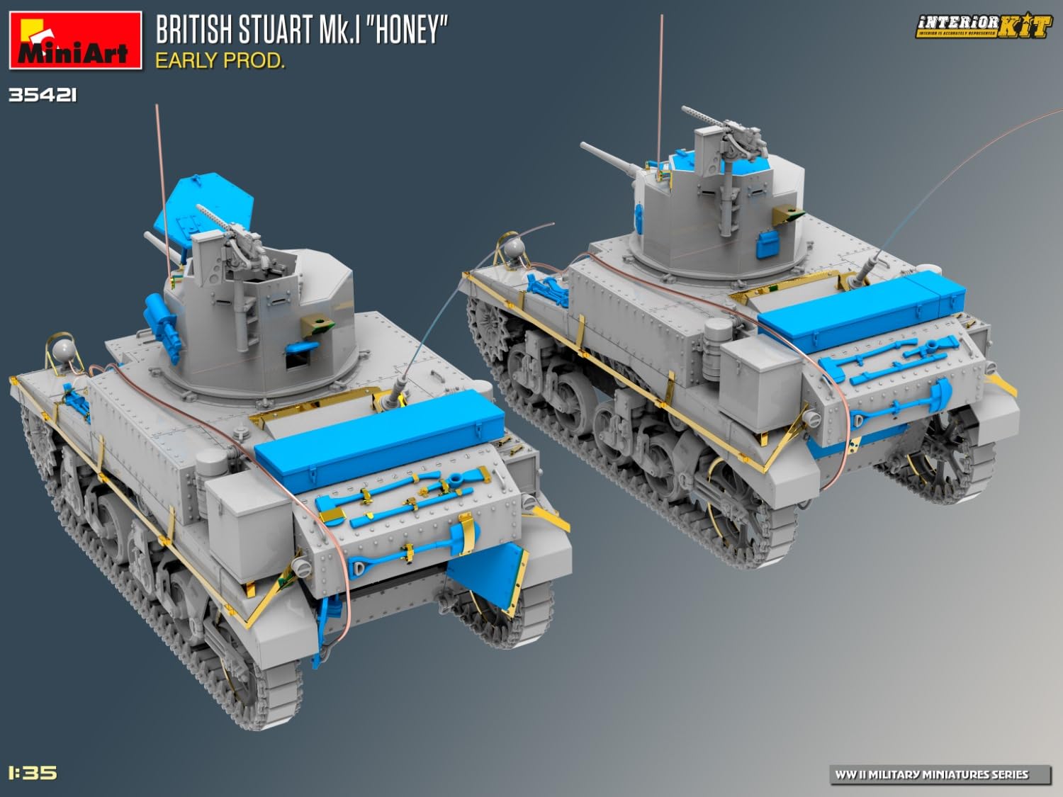 MiniArt 35421 1:35 Brit. Stuart Mk.I con interno – riproduzione fedele all'originale, modellismo, kit di costruzione in plastica, artigianato, hobby, incollaggio, modellismo, assemblaggio, non