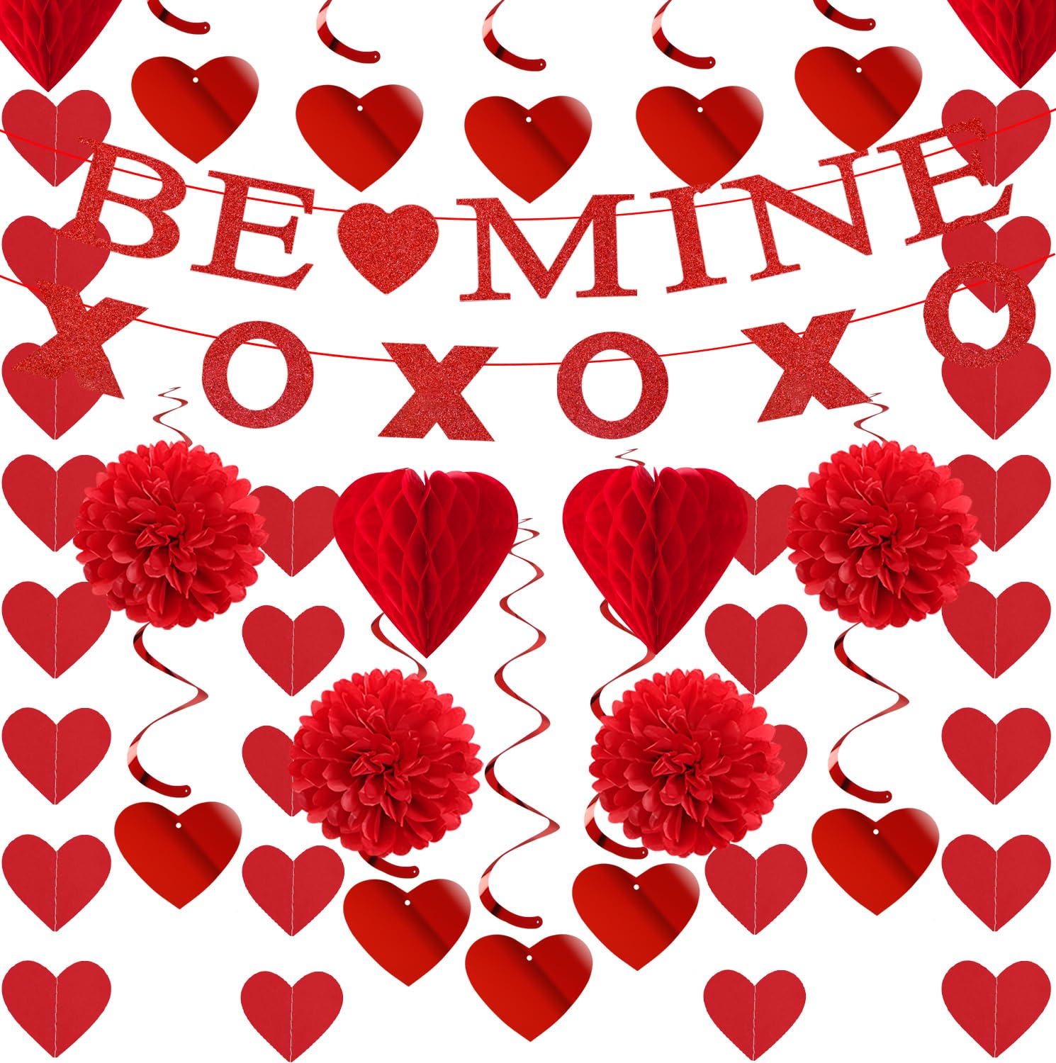 Valentines-Day Decorations Red-Heart Garland Galentines-Decor - 24pcs Tissue Paper Pom Poms Streamers Swirl,Be Mine Xoxo Banner,Love Romantic Special Night Anniversary Party Hanging Lasting Surprise