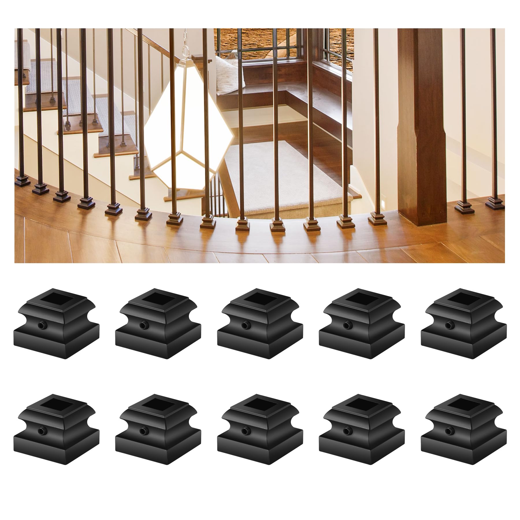 Sidasu 10-Pack Iron Baluster Shoes with Screws, Fits 1/2" Square Baluster Shoes, Decorative Base Cover for Staircase Balusters