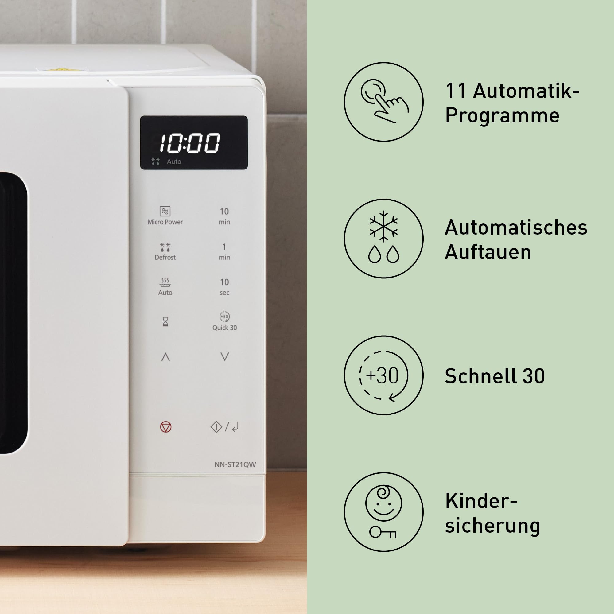 Panasonic NN-ST21QWEPG 20L Solo-Mikrowelle mit Drehteller, 800 W, automatisches Auftauen, 11 Automatikprogramme, LED-Anzeige, 5 Leistungsstufen, digitaler Timer, Weiß