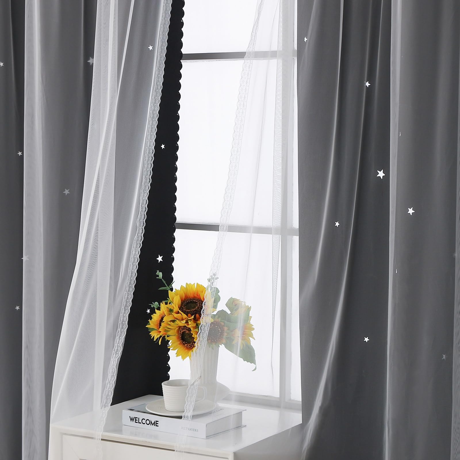 Black Blackout Curtains &amp; Drape 90 Inch Long Sliding Glass Door Star Cutout