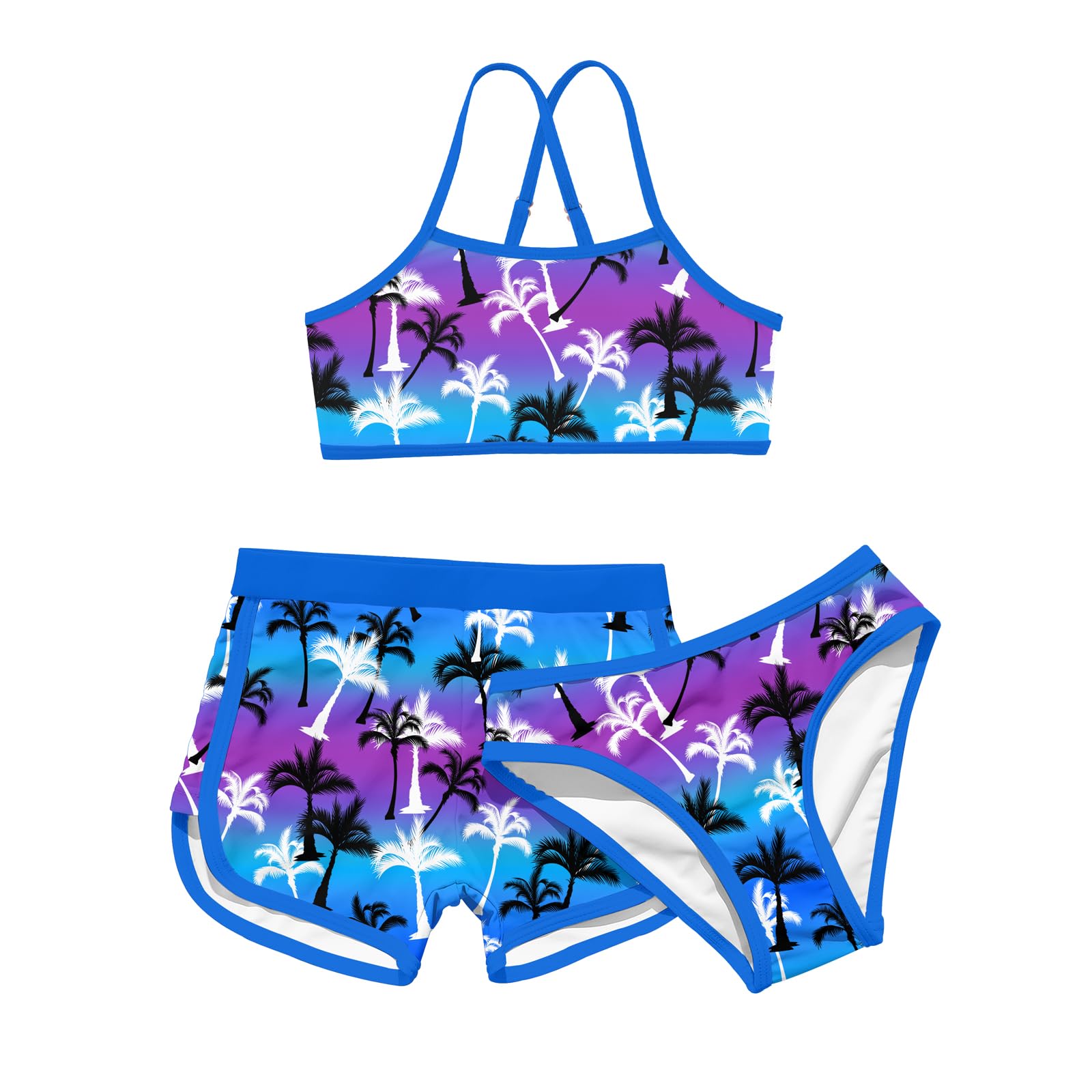 Funnycokid Girls Bathing Suit Size 8 3 Piece Bikini Set Hawaii Blue Size 7 Size 8 Swimsuits with Shorts Swimwear 7-8 Years