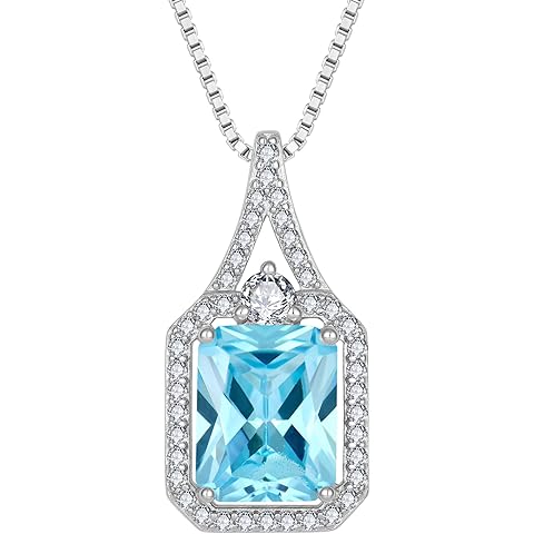 Created Gemstone Necklace 925 Sterling Silver Halo Rectangular Pendant Birthstone N...
