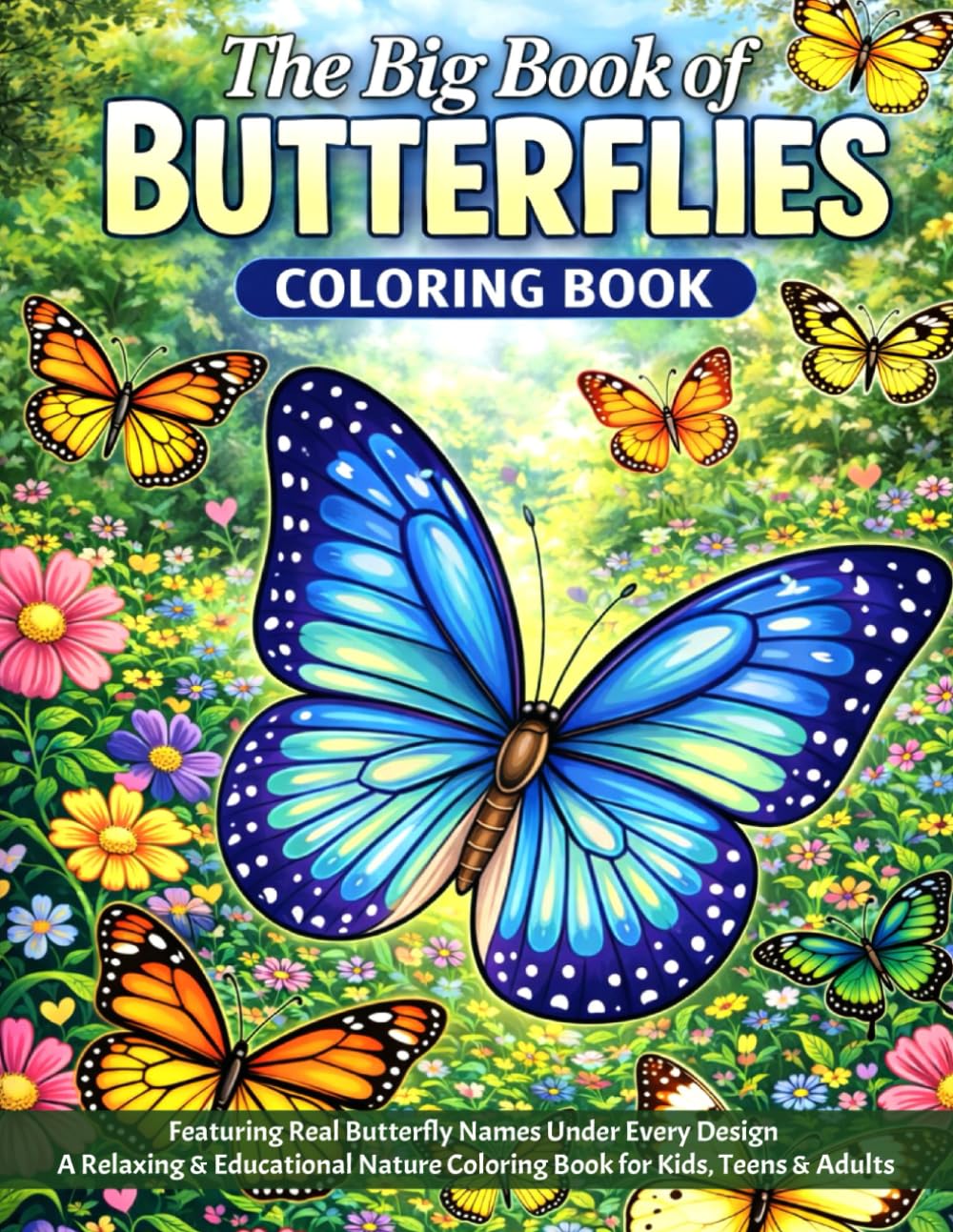 The Big Book of BUTTERFLIES Coloring Book: Featuring Real Butterlfy Names Under Every Design - A Relaxing & Educational Nature Coloring Book for Kids, Teens & Adults