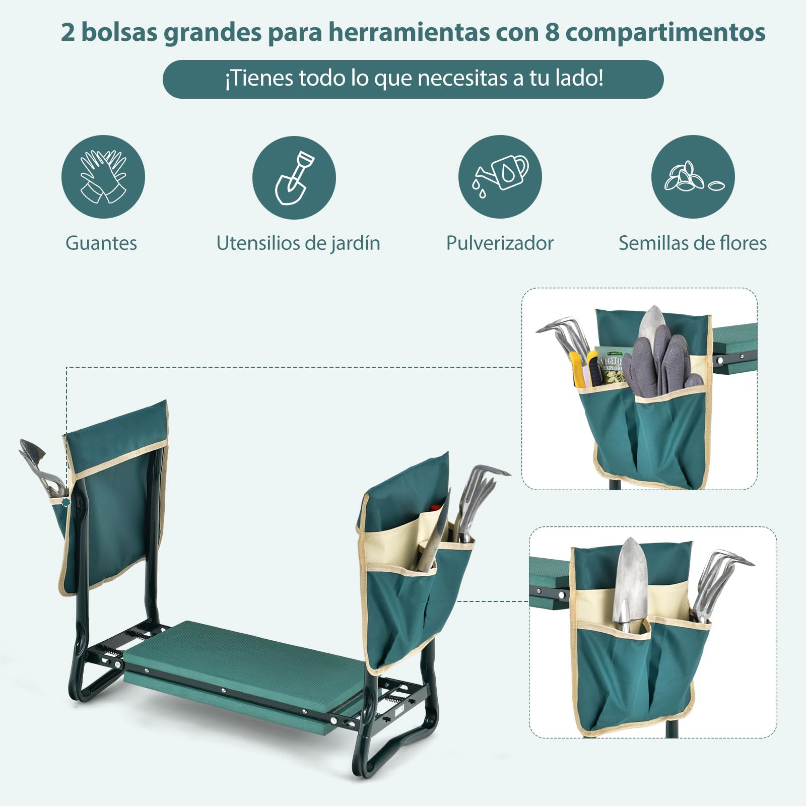SOARS Banco de Jardín Plegable con Bolsillos para Herramientas y Rodilleras, Taburete de Jardín hasta 150 kg, Rodilleras para Jardinería, 58 x 27,5 x 50 cm (con 2 Bolsa de Herramientas)