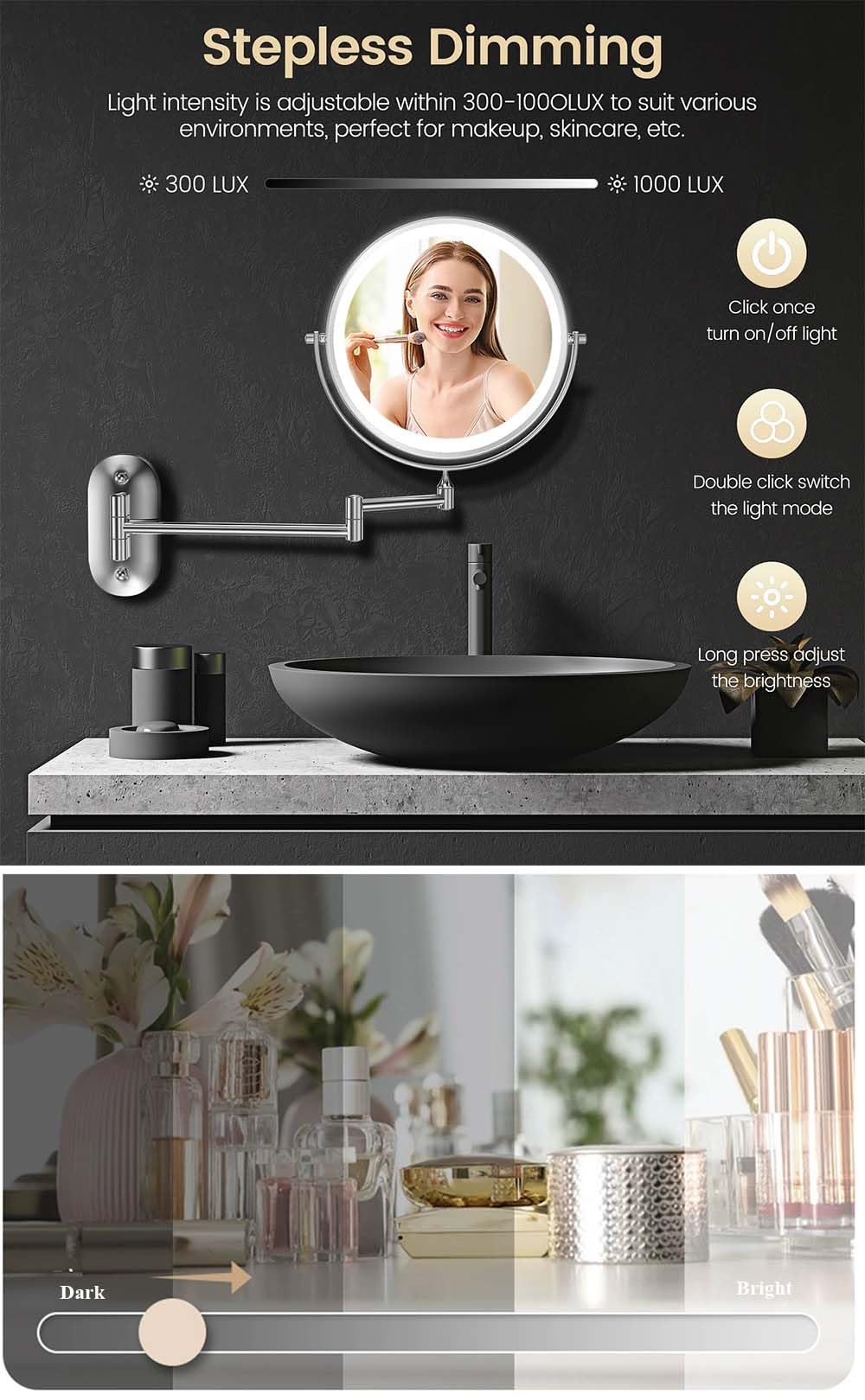 Kosmetik-Vergrößerungsspiegel mit LED-Leuchten, 1-fach/10-facher doppelseitiger Vergrößerung, wiederaufladbarer Badezimmer-Wandspiegel für Make-up-Rasur (Schwarz,10X Vergrößerung)