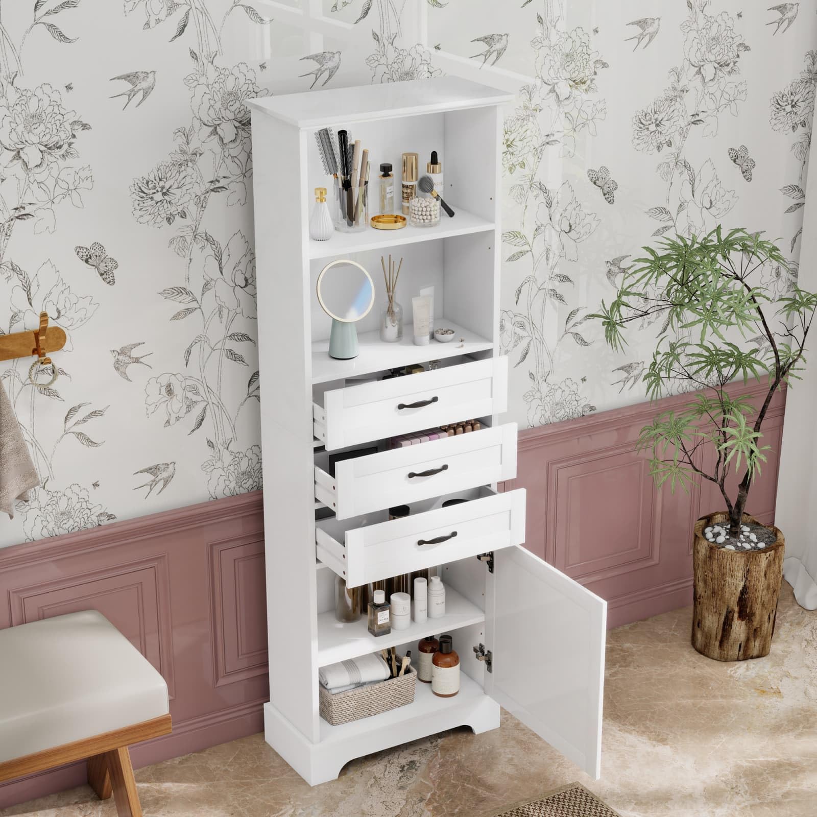 KOMHTOM Meuble d'angle Salle Bain 57.7x46x167.5cm Armoire Rangement 3 Tiroirs 1 Porte Étagères Ouvertes Gain Place Maison MDF Blanc(Blanc - 57.7x46x167.5 cm (Modèle d'angle))