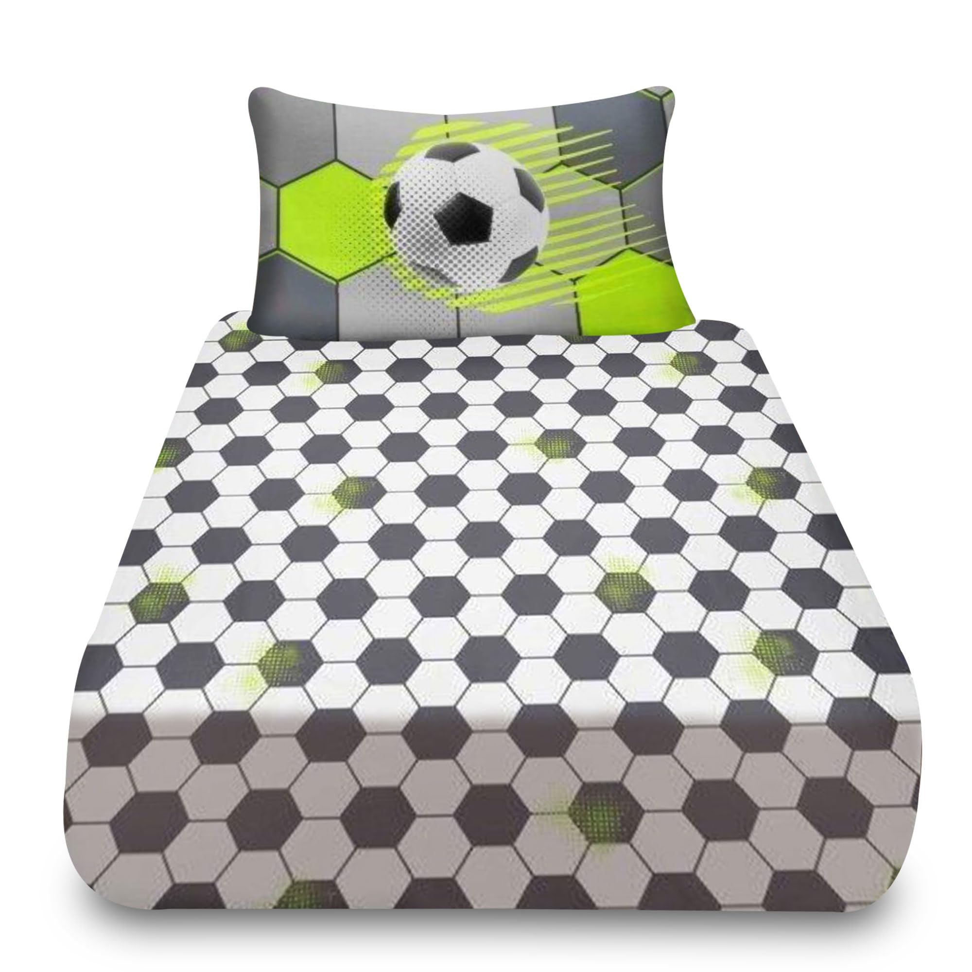 VELVETIO Boys & Girls Football Fitted Sheet with Matching Pillowcase, Soft Polycotton Kids Bedsheet Single, Breathable Printed Soccer Bedding Bedset, Grey