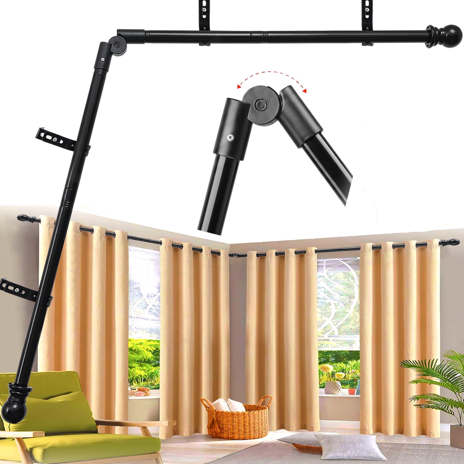 Photo 1 of Corner Curtain Rod for Windows - L Shaped 30 to 136 Inches Adjustable,1 Inch Heavy Duty Corners Window Curtain Rods, 180° Connector Angled Drapery Pole -Black