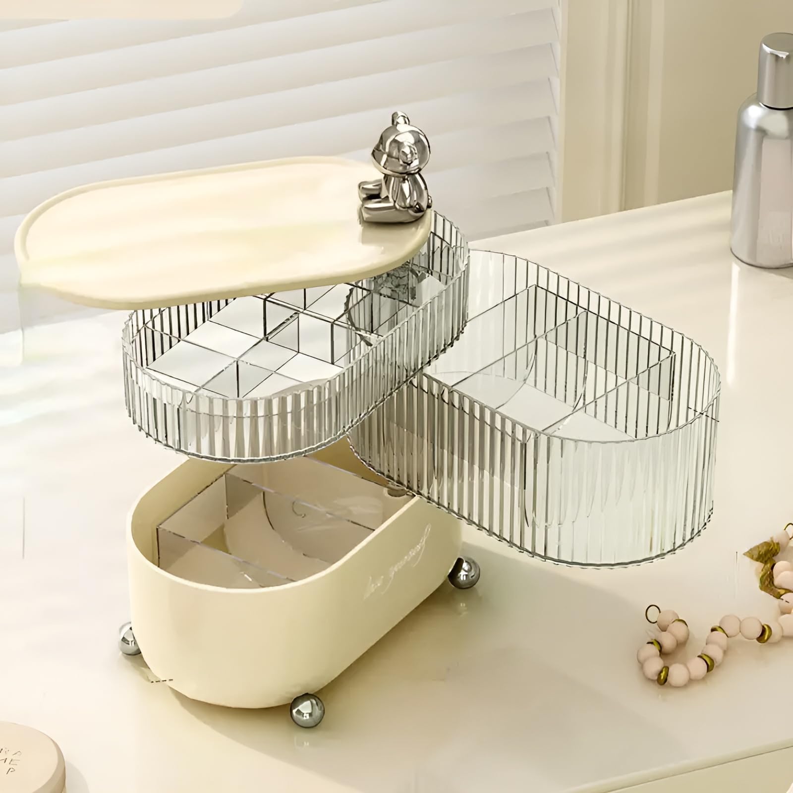 KREPS Cosmetic Jewellery Organizer 360 Rotating 3 Layers Multi-Compartments Desktop Cotton Pad Cosmetic Lipstick Makeup Brush Jewellery Organizer for Countertop Vanity (Cream Teddy) (B0CWDF7844) Amazon Price History, Amazon Price Tracker