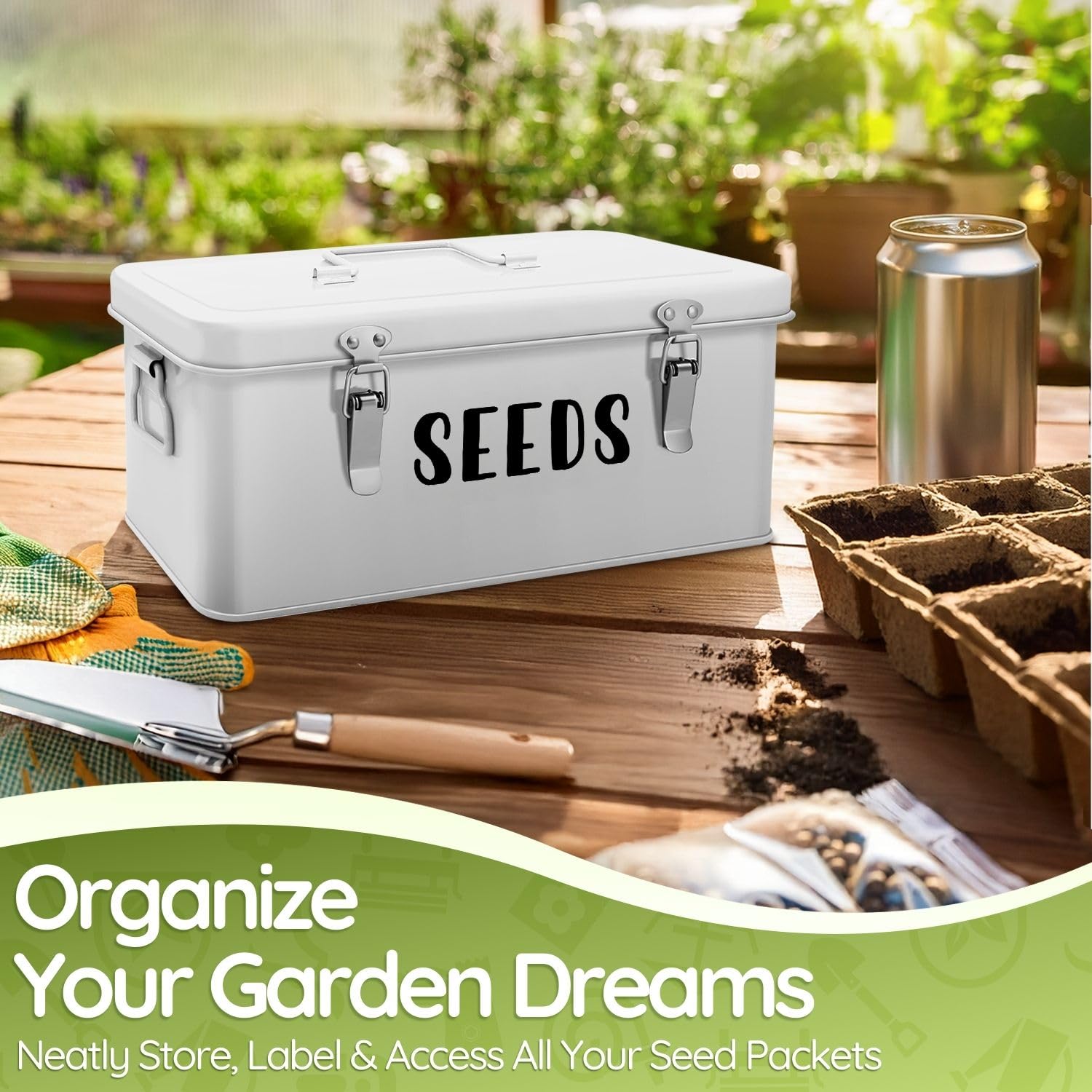 Flexzion Boîte d'économie de graines – Boîte de rangement de graines en métal avec couvercle, 4 compartiments spacieux, bac de rangement pour outils de jardin et plus avec verrous de sécurité, blanc