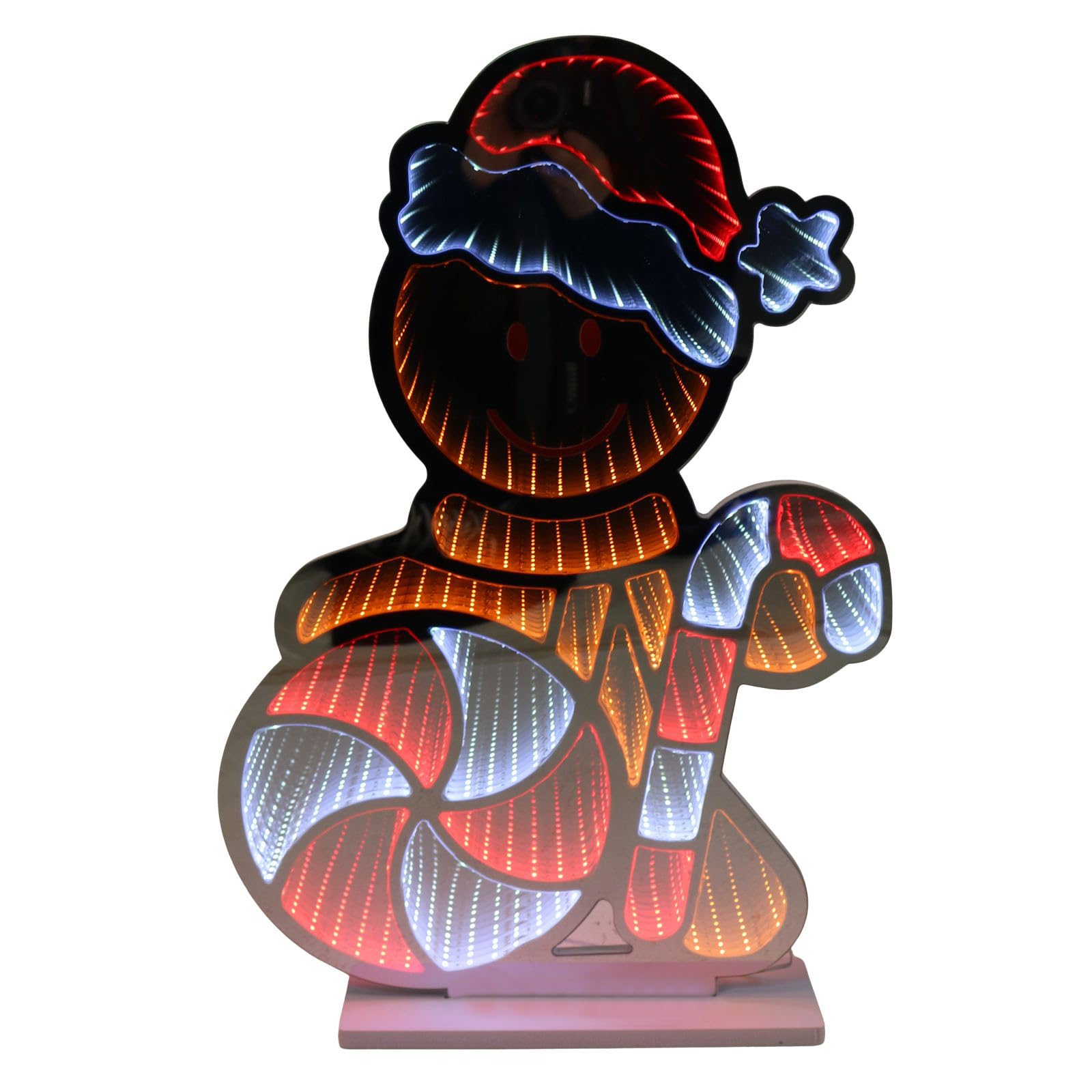 Mr Crimbo 60cm Gingerbread Man LED Infinity Mirror Christmas Decoration with Optical Illusion, Multicolour Lights on Both Sides, White Wooden Base, 5m Cable, Mains Operated Indoor Festive Display