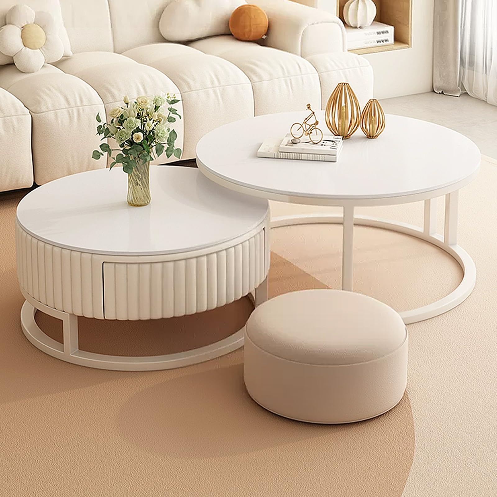 Modern Round Nesting Coffee Table Set of 3 - Decorative Side Tables in Elegant Beige Color Palette with Soft Stool for Small Spaces in Living Rooms,