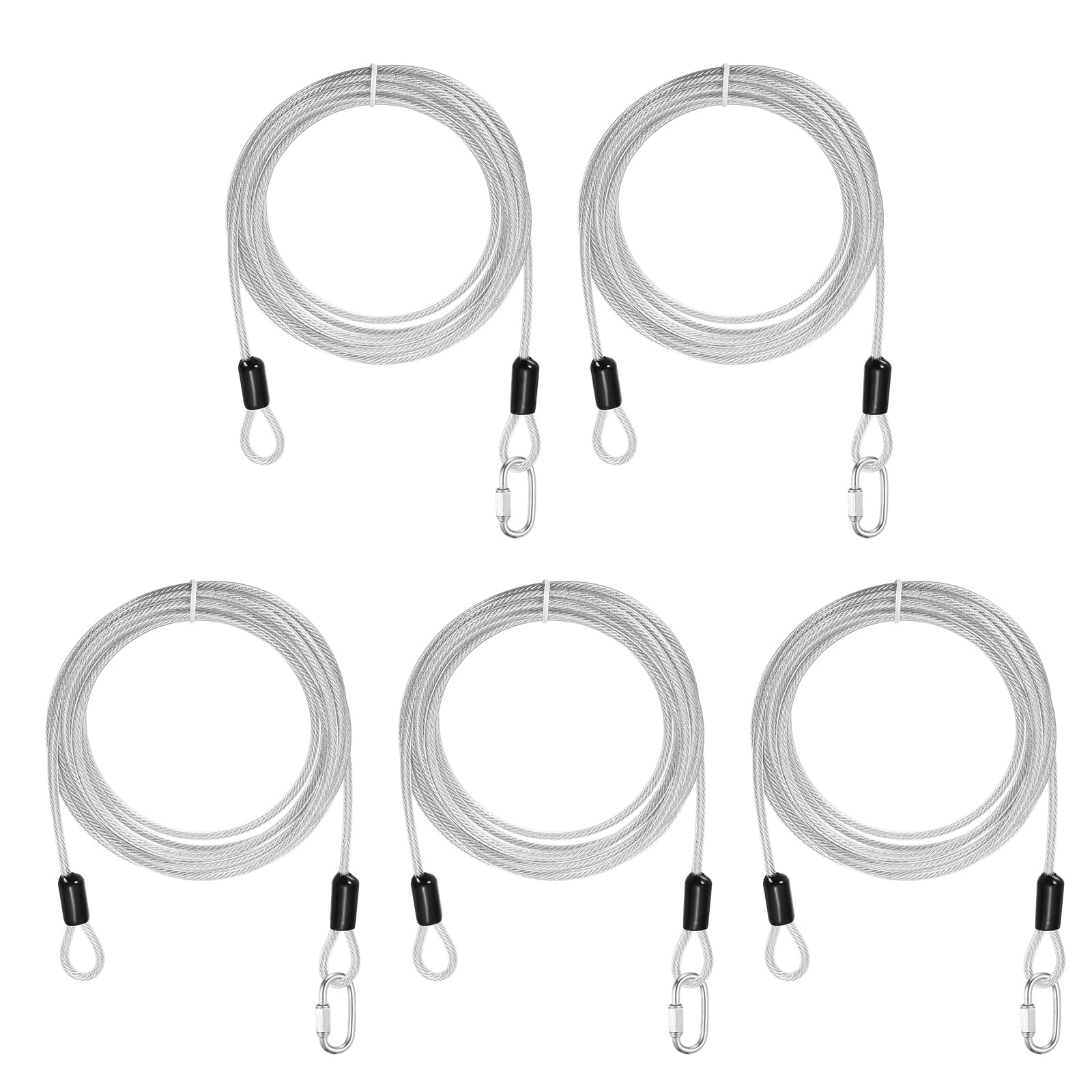 PATIKIL Security Cable Lock (4mm x 3 Meters, 9.8ft, Clear)(5 Set) Vinyl Coated 304 Stainless Steel Double Loop Flexible Wire Rope Safety Cable with Quick Links Locking Connectors